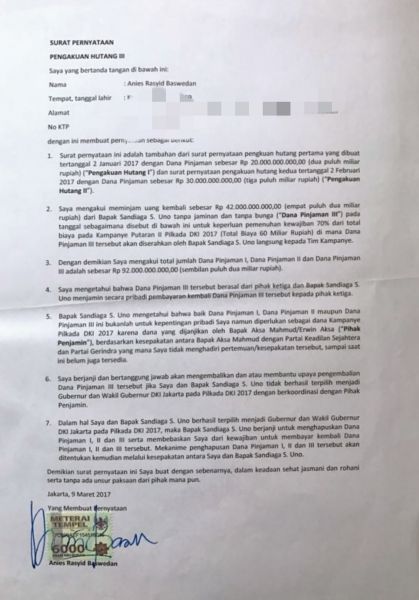 Telah Beredar Diduga Surat Perjanjian Hutang Anis Ke Sandi, Isinya...