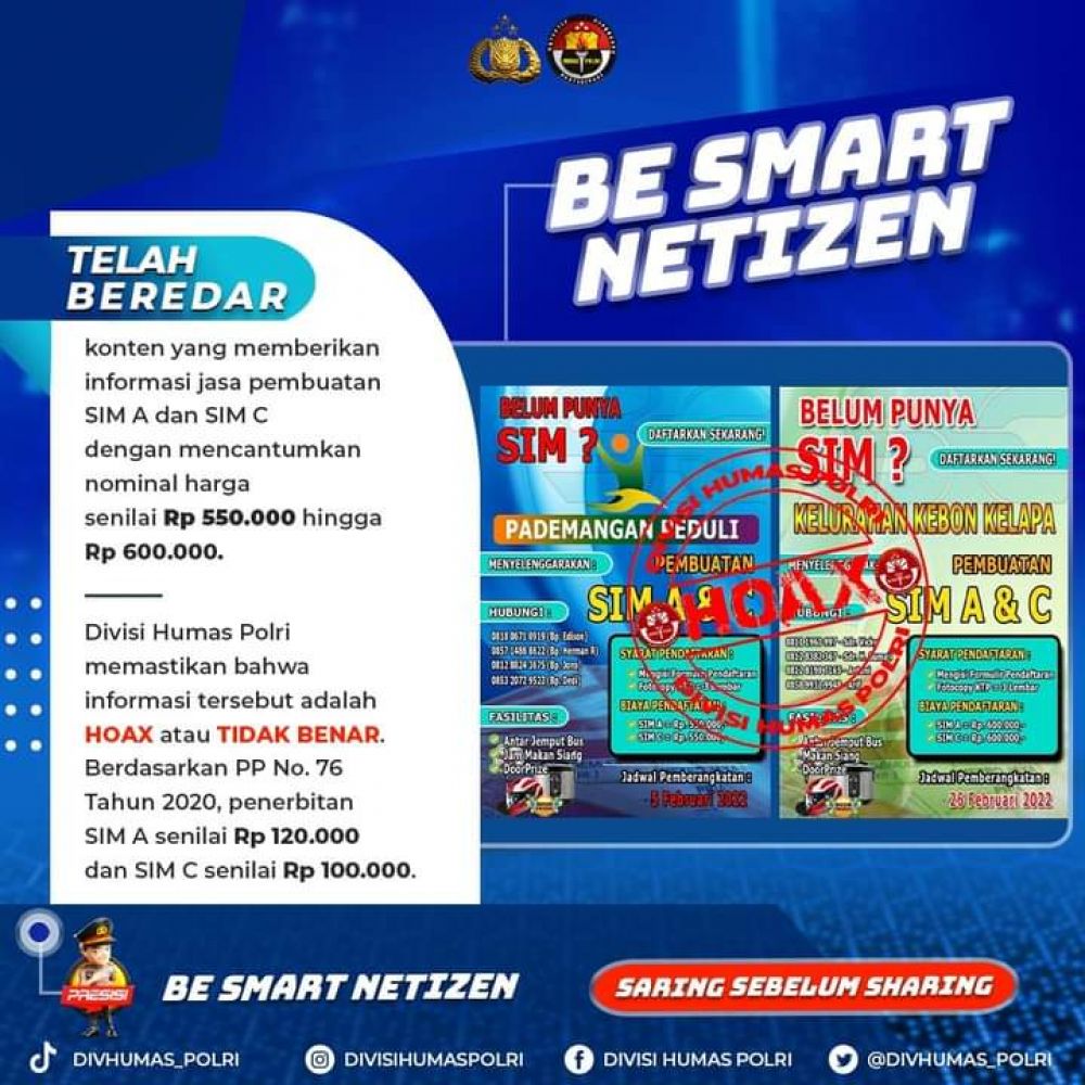 Beredar Konten Harga SIM A & SIM C Rp550-600Rb, Polri : Hoax!!!