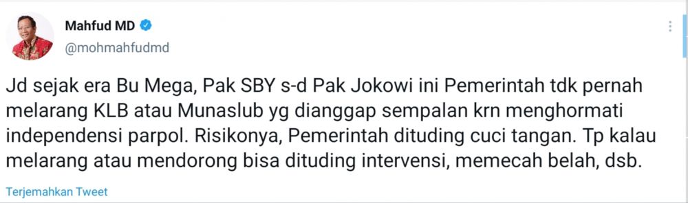 Terkait KLB PD, Ini Kata Menkopolhukam Melalui Cuitan Tweeternya