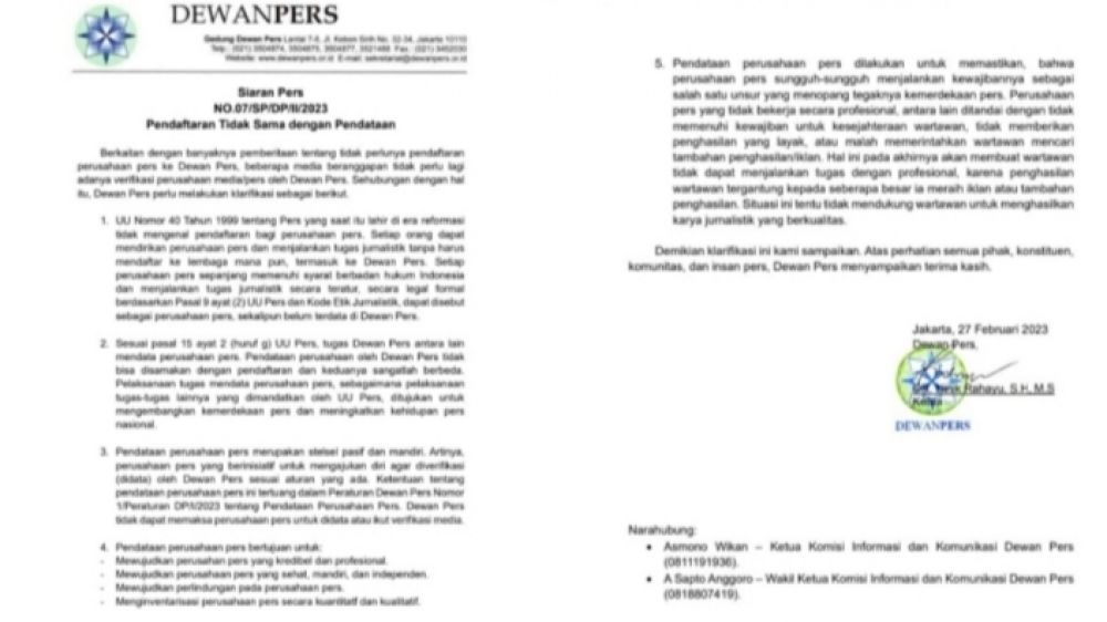 Siaran Terbaru Dewan Pers Terkait Pendaftaran Media : Tak Harus!!