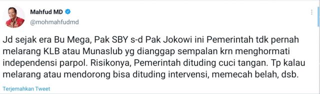 Terkait KLB PD, Ini Kata Menkopolhukam Melalui Cuitan Tweeternya